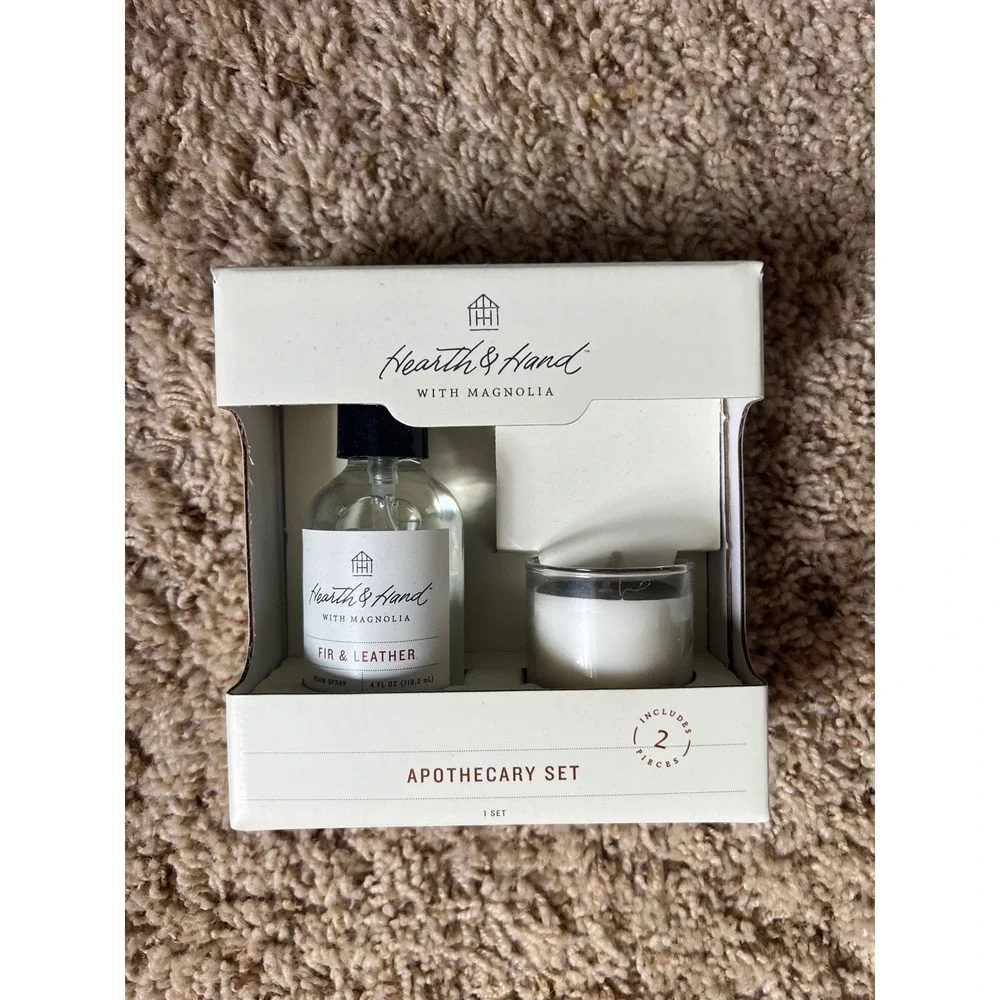Hearth & Hand Magnolia Fir & Leather Apothecary Set Room Spray & Votive Candle